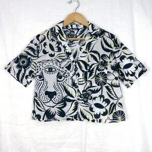 Desigual Leopard Floral Print Crop Button Shirt Womens Large L Cotton Top Artsy